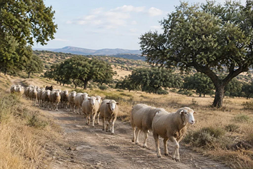 Sheep walking along a dry rural track between open grassland and scattered oak trees in a Spanish landscape
