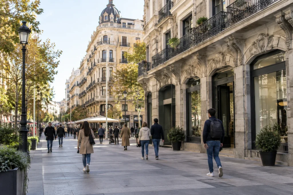 An urban streetscape with ornate stone façades, balconies and anonymous pedestrians, without readable signs