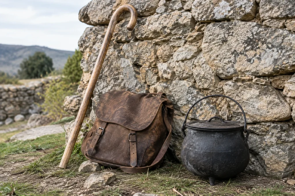 A wooden shepherd's crook, a worn leather bag and an iron cooking pot beside a rough stone wall