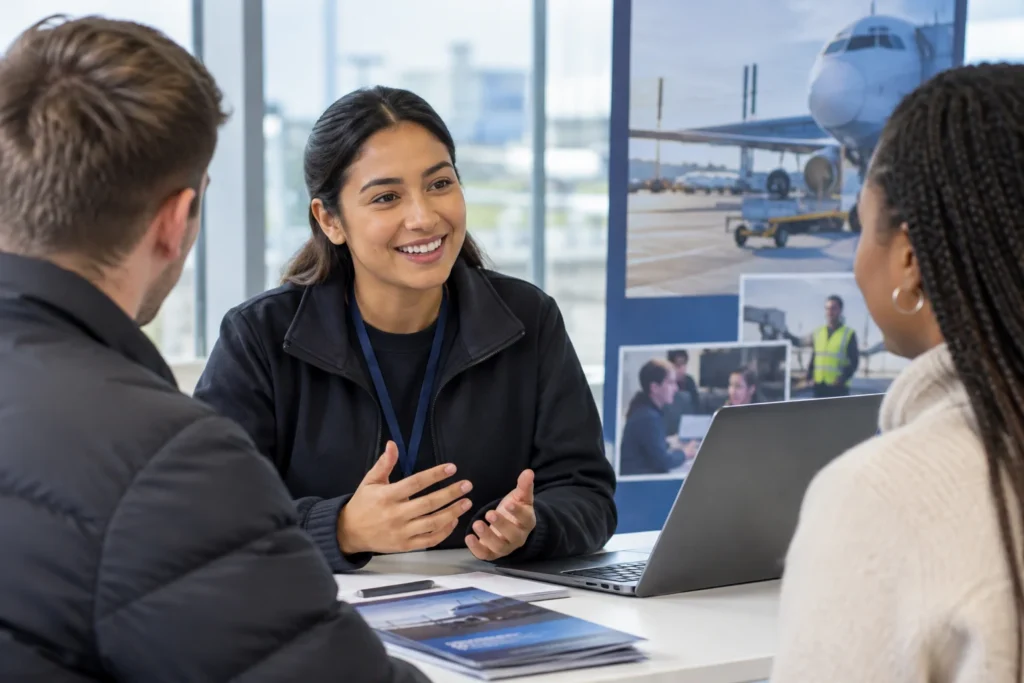 A careers adviser discussing airport employment with two jobseekers
