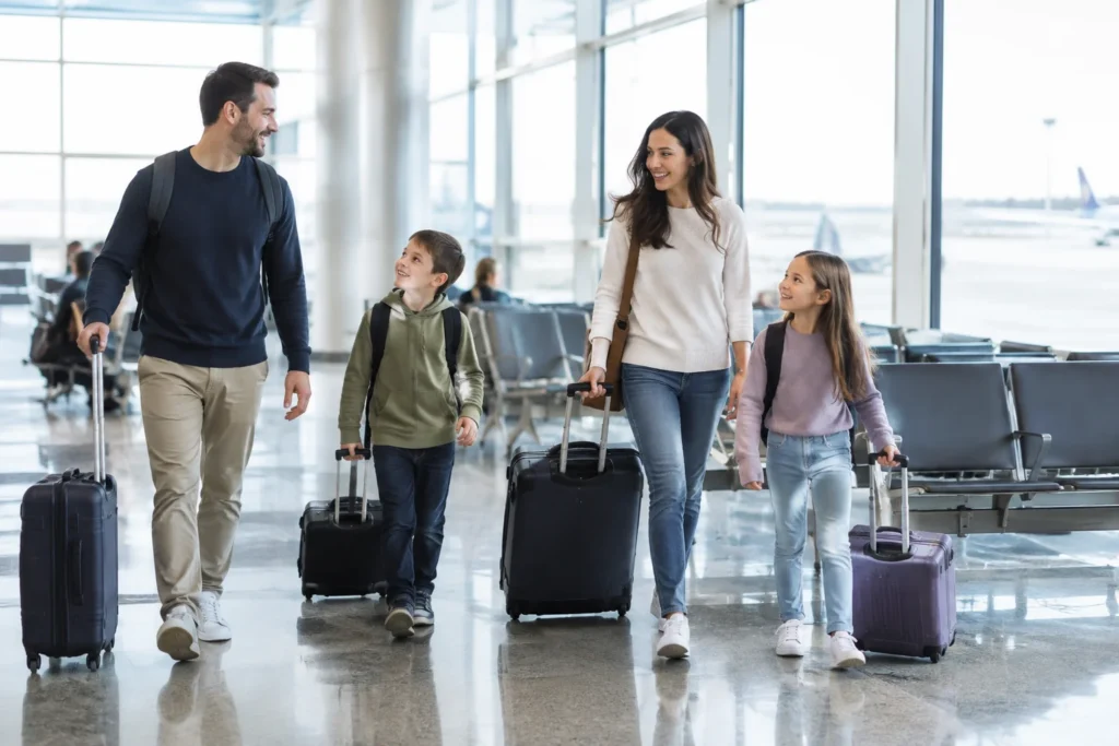Family walking through an airport terminal with rolling suitcases