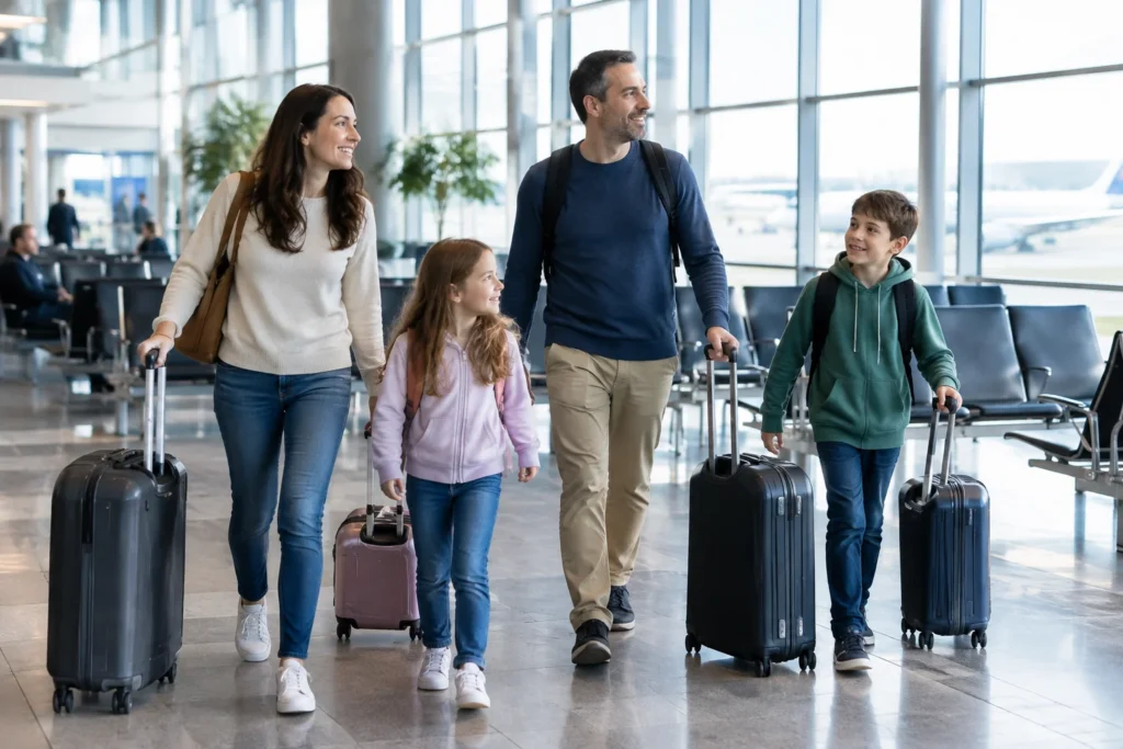 Two adults and two children walking through an airport with suitcases