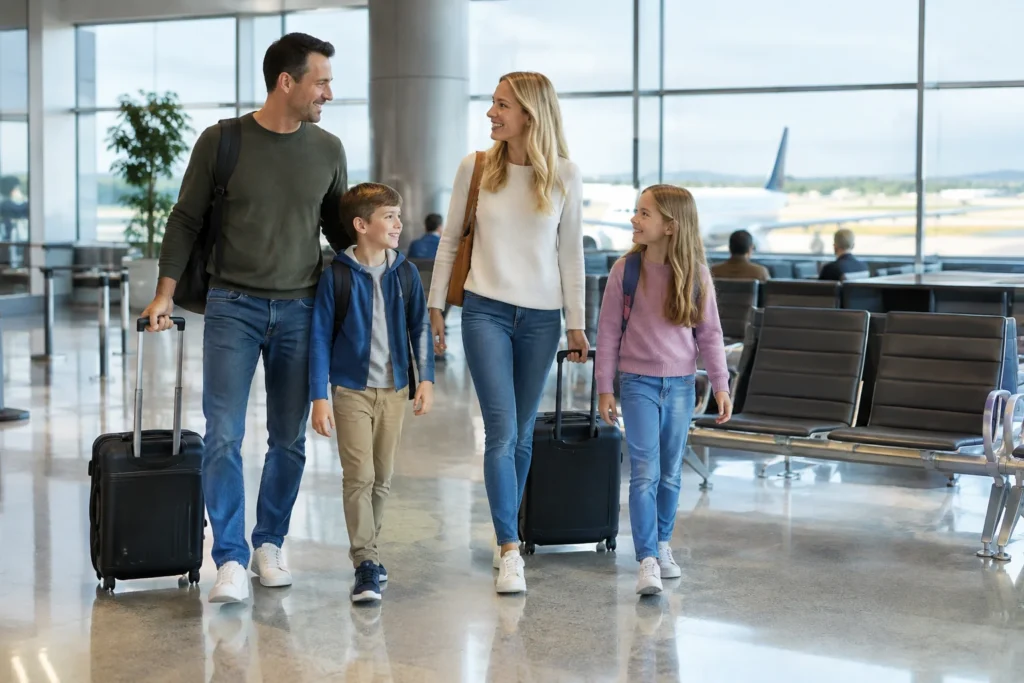 Family with two children and suitcases beside airport seating