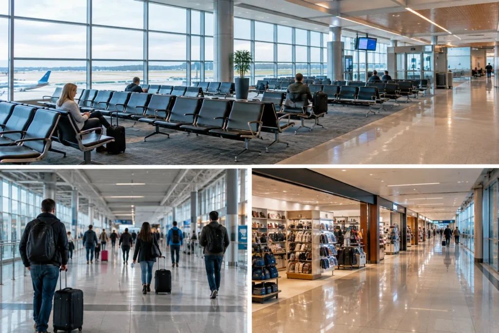 Montage of airport seating, passengers in a concourse and a retail corridor