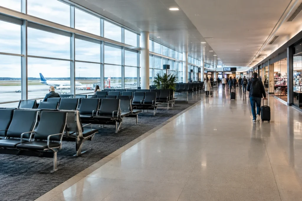 Rows of airport seats beside large windows and a retail corridor