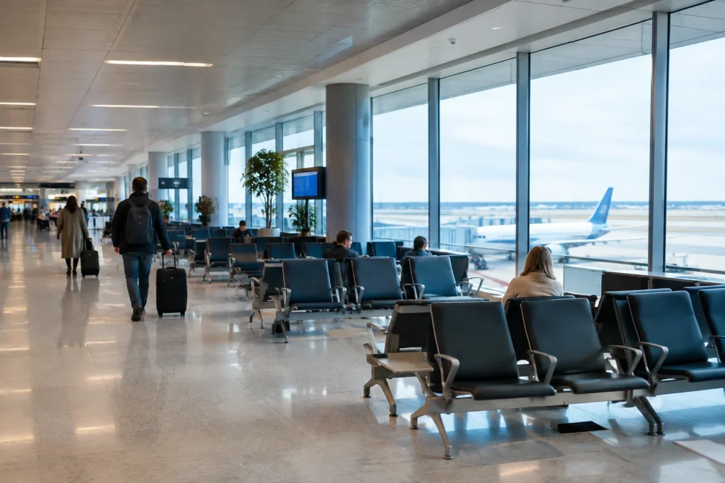 Passengers and seating beside large airport windows