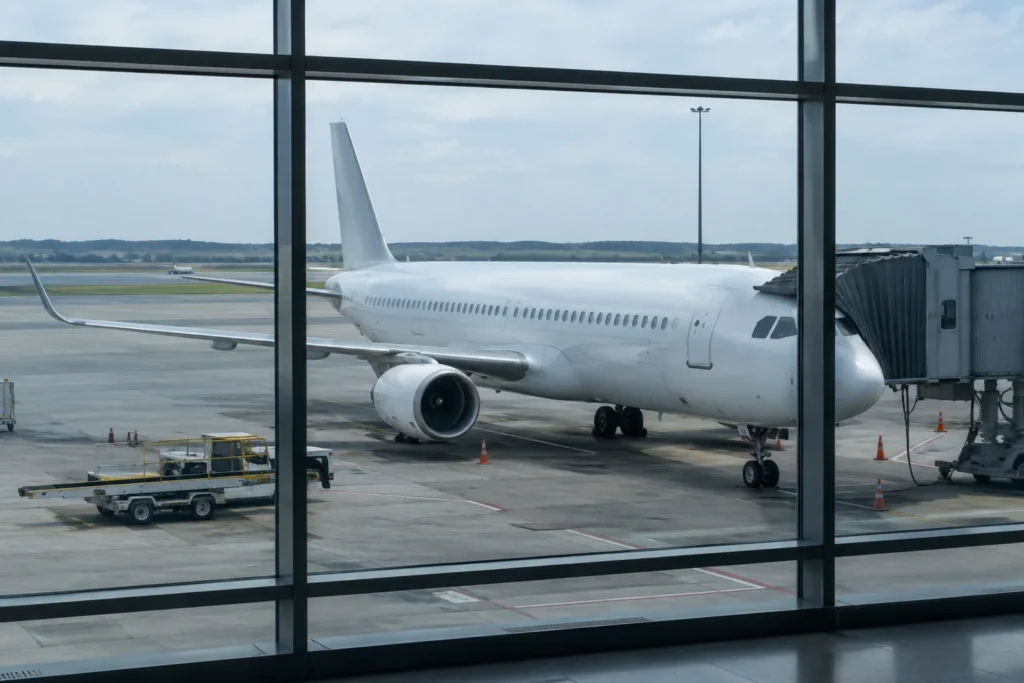 Unbranded passenger aeroplane parked beside a terminal airbridge