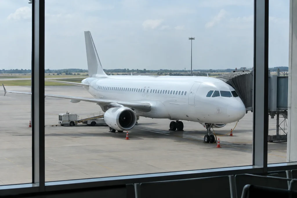 White passenger aeroplane parked outside terminal windows