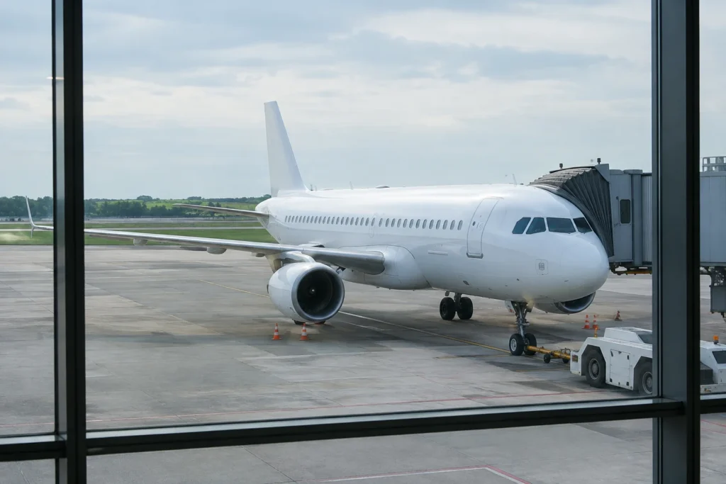 Passenger aeroplane and ground equipment viewed through terminal windows