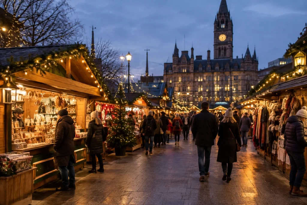 A wide view of wooden outdoor market stalls with warm string lights and anonymous visitors in winter coats at dusk