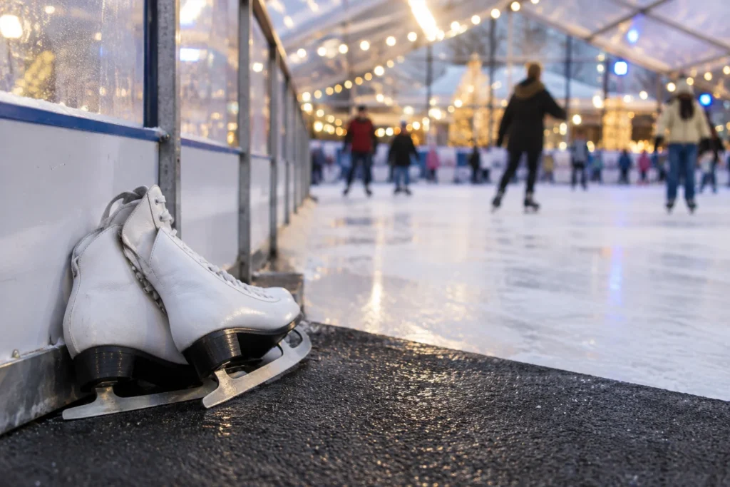 A low view of ice skates beside the barrier of a covered outdoor ice rink, with anonymous skaters softly blurred behind