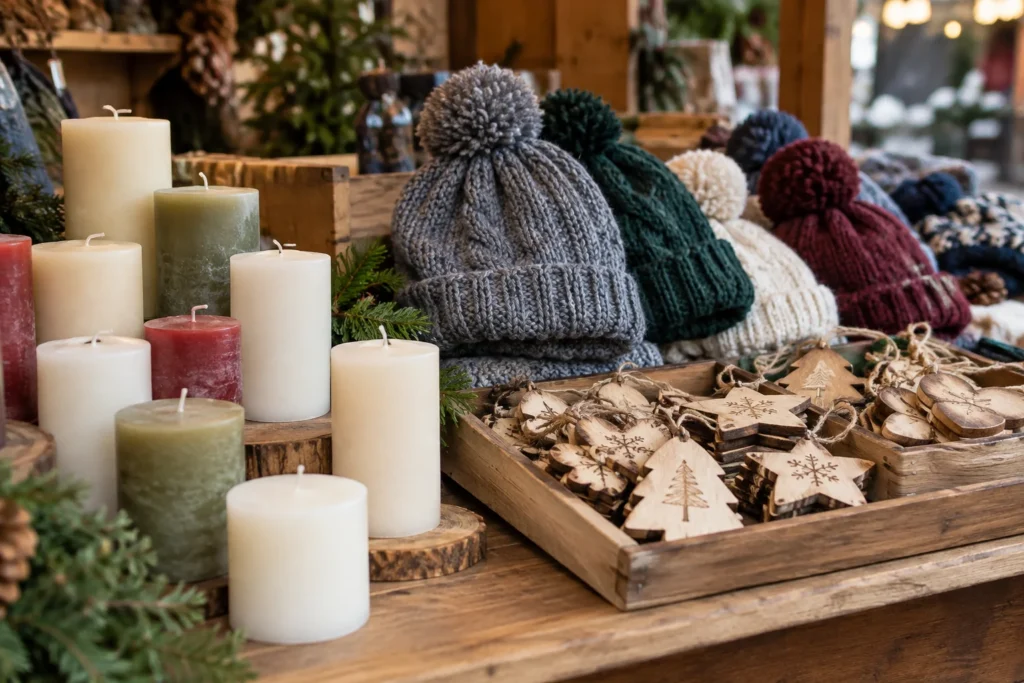 A close view of plain candles, knitted hats and handmade wooden ornaments arranged on an outdoor stall counter