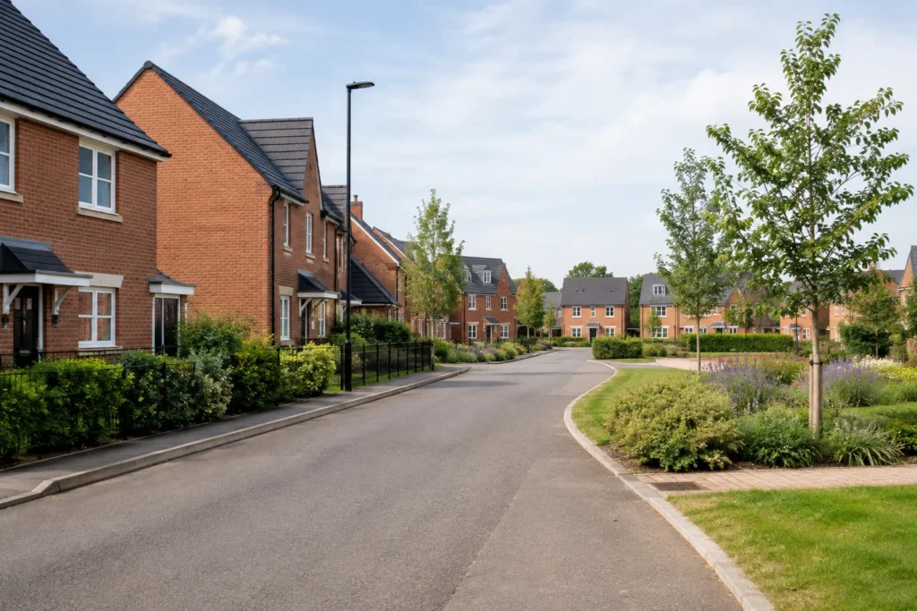 Brick houses, gardens and young trees beside a quiet residential street