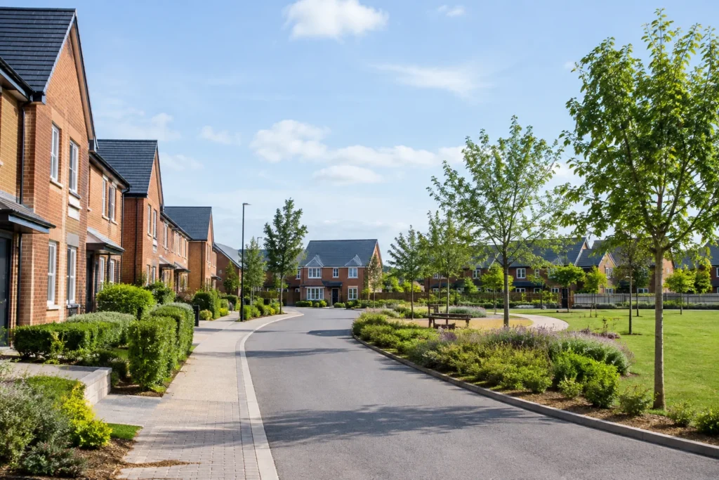 Brick houses and young trees beside a landscaped residential street