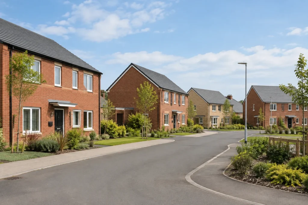 Modern brick houses and young trees lining a curved residential street