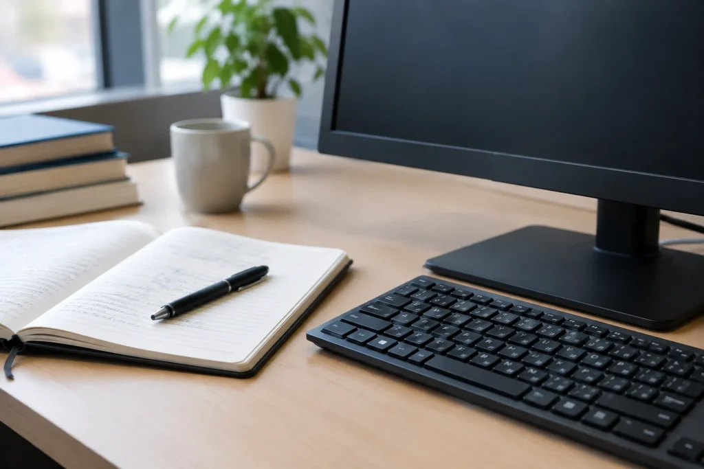 A close view of a keyboard and an open notebook beside a dark computer monitor on a research desk