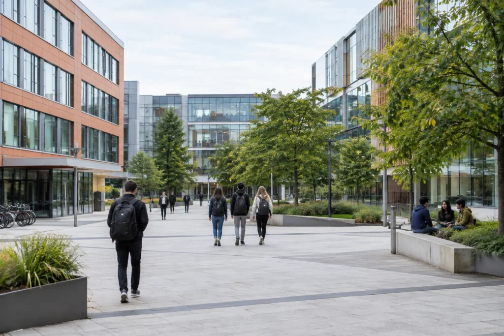 A broad pedestrian courtyard between generic modern university buildings in soft daylight