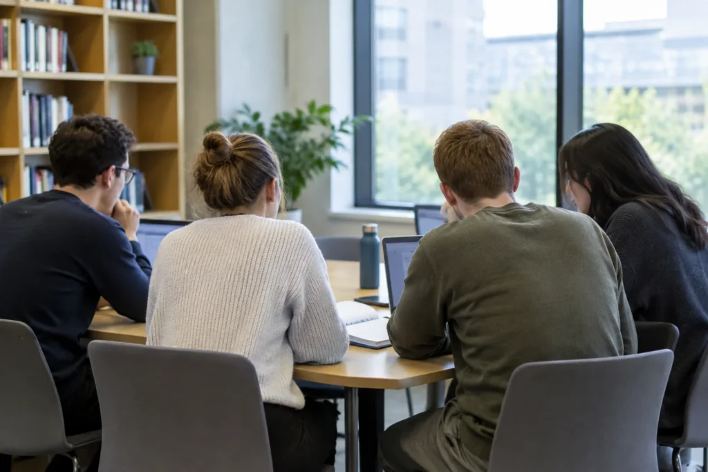 Anonymous adults viewed from behind working together around a table in a shared study room
