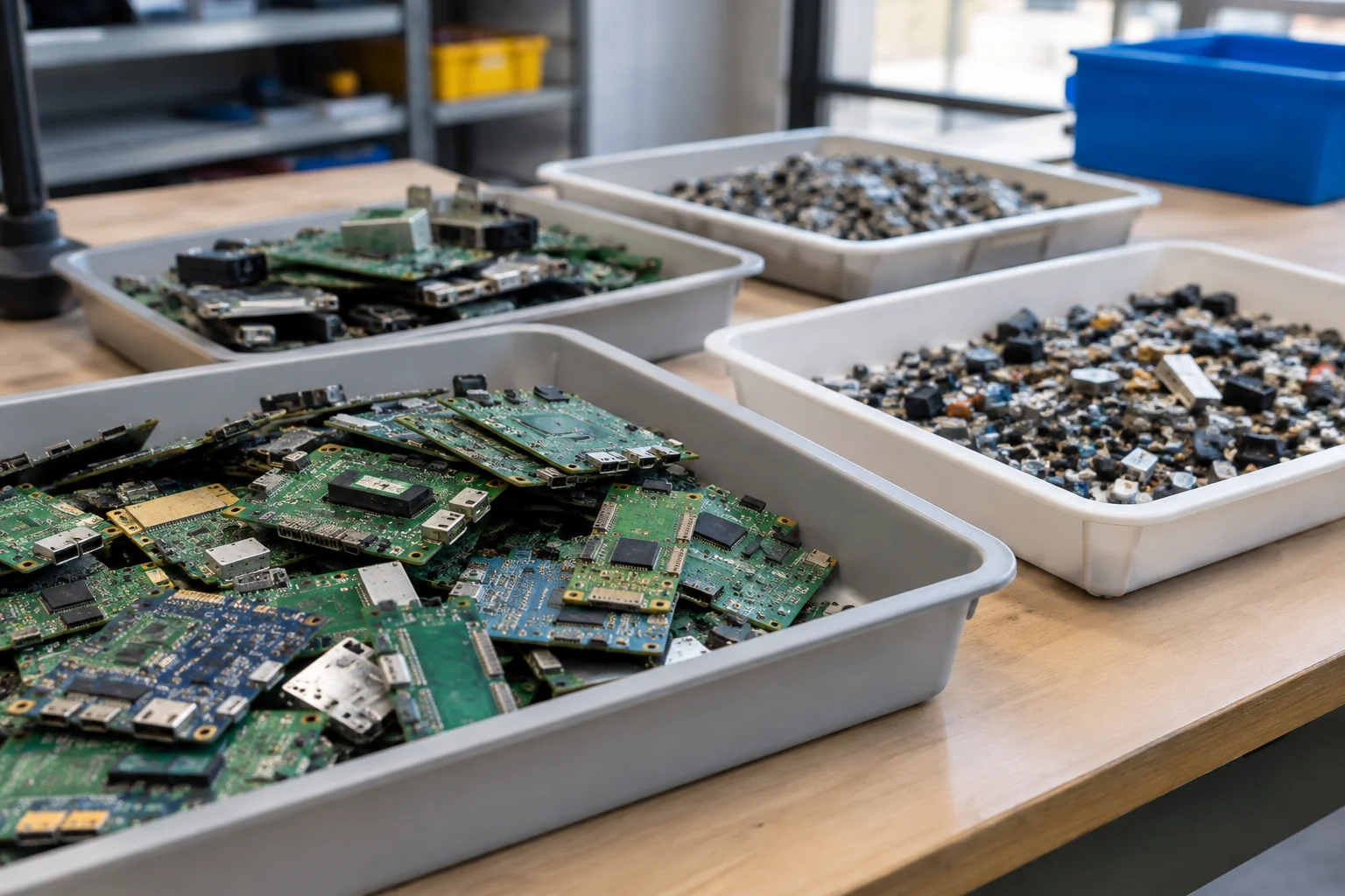 Discarded circuit boards and small electronic components sorted into plain trays on a workshop table, without readable markings.