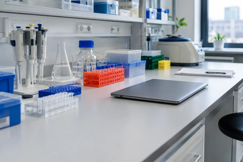 A wide view of a tidy laboratory bench with glassware, sample racks and a closed laptop, without readable labels.