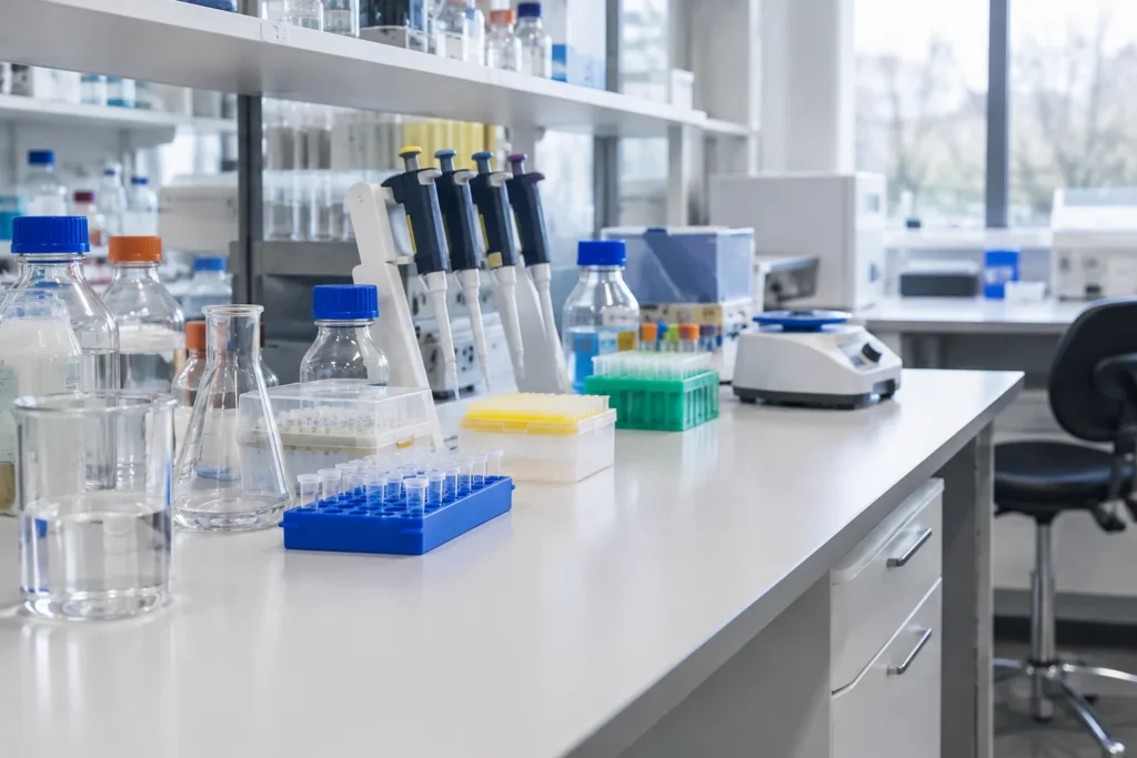 A wide view of a clean laboratory bench with glassware, sample racks and pipettes, with no visible labels or readable text