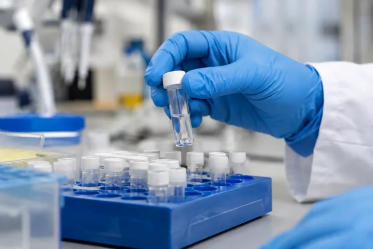 A close-up of anonymous gloved hands holding a clear sample vial above a laboratory rack, with no visible labels or readable text