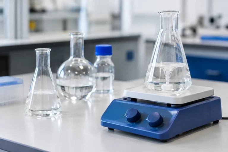 Clear glass flasks beside a magnetic stirrer on an uncluttered laboratory worktop, with no visible labels or readable text