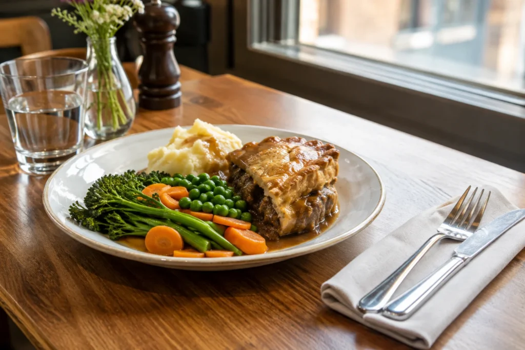 A plated British-style meal with vegetables and cutlery on a wooden restaurant table beside a softly lit window