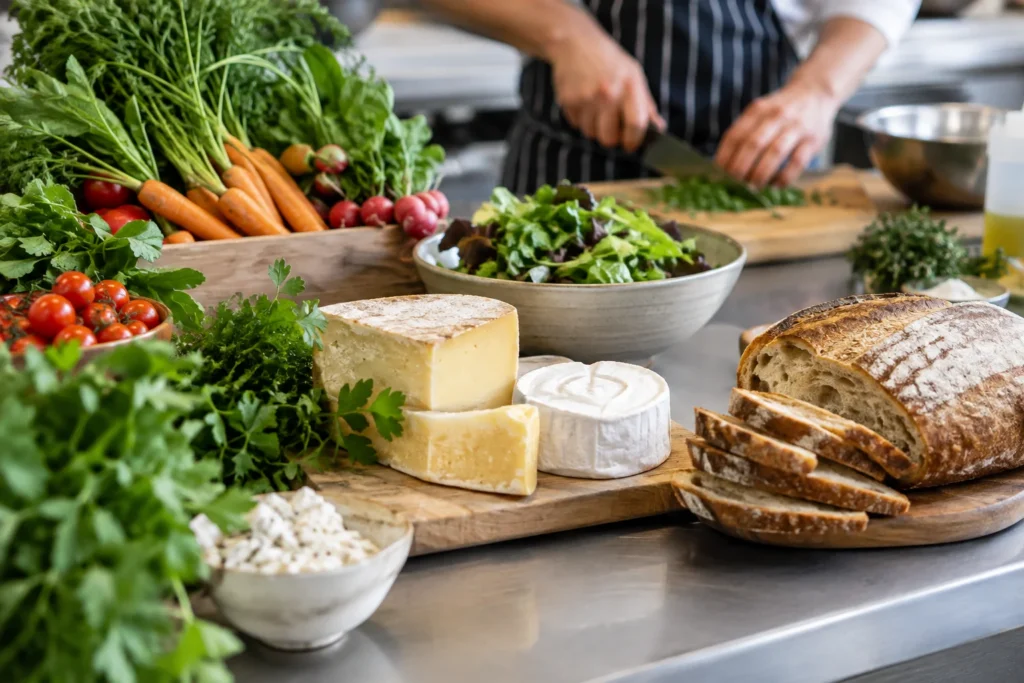 Fresh vegetables, cheese and bread arranged on a kitchen preparation counter with an anonymous cook's hands in the background