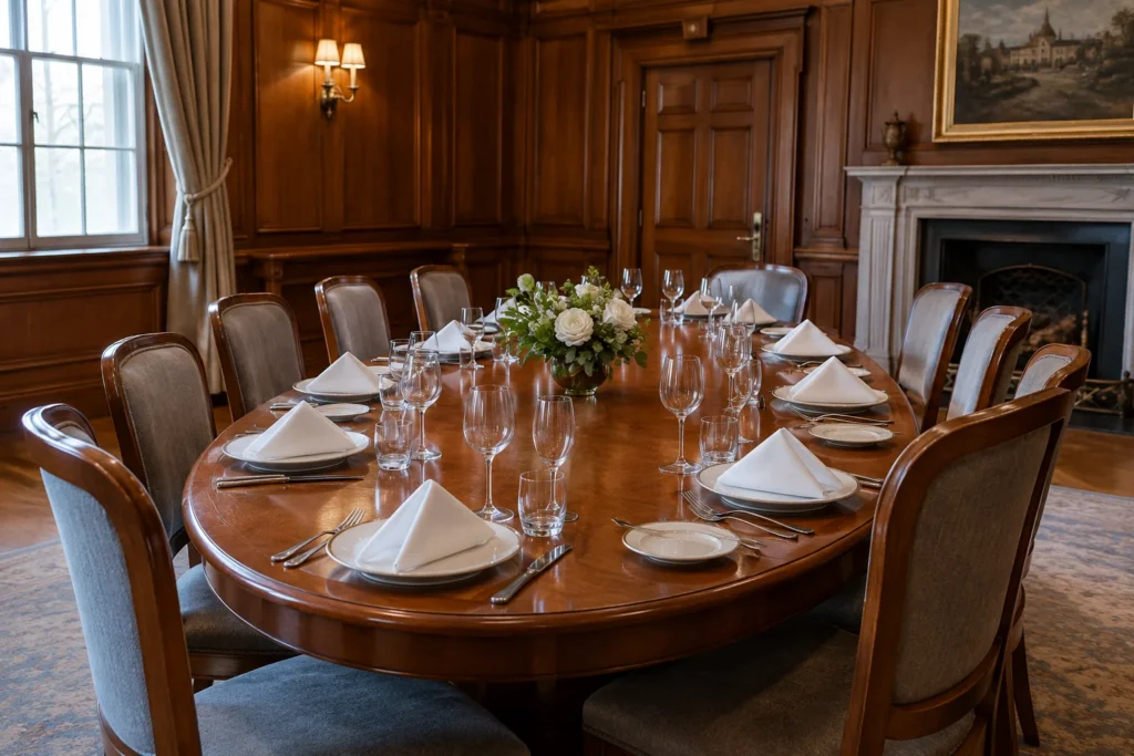 An oval dining table laid with plain crockery, glassware and folded napkins in a traditional wood-panelled room