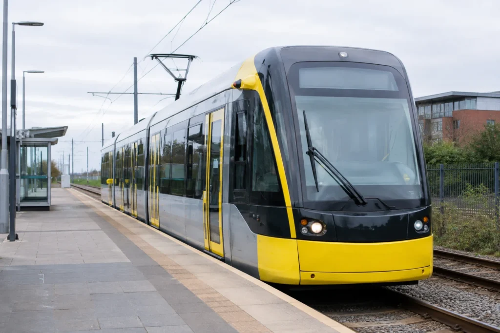 Yellow-fronted tram standing beside a passenger platform