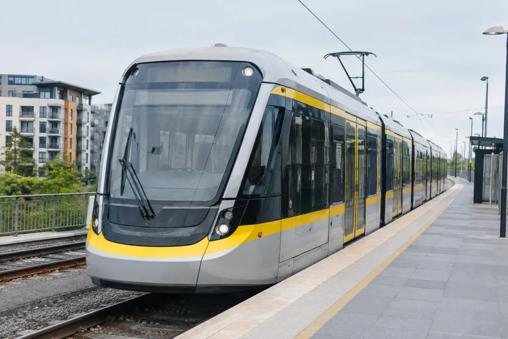 Silver and yellow tram standing beside an open platform