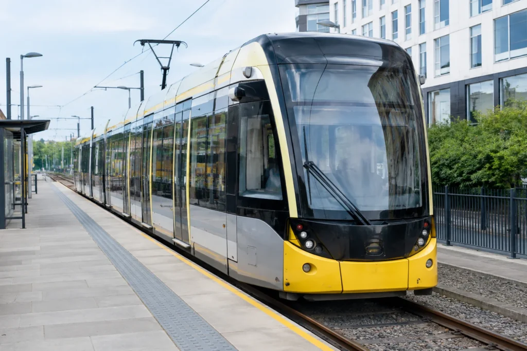 Yellow-fronted tram beside a platform and overhead power lines