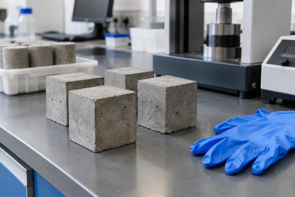 Plain concrete test cubes on a laboratory bench beside protective gloves and unlabelled testing equipment