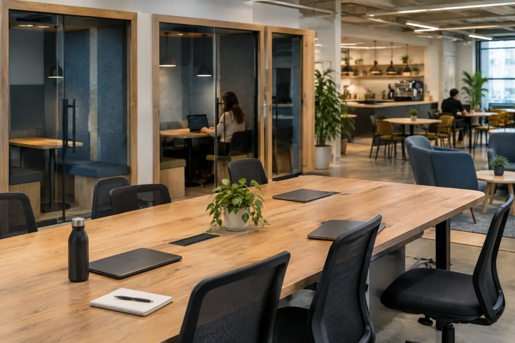 A shared workspace with desks, closed laptops, meeting booths and an adjoining café seating area