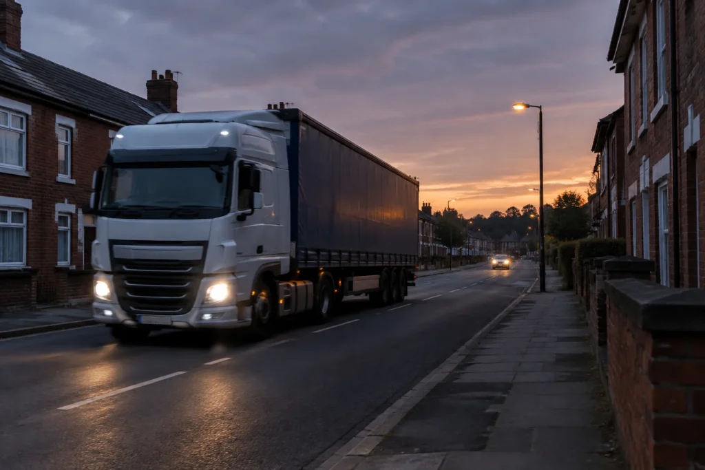 An unbranded articulated lorry travelling past brick terraced houses at dusk, viewed from the pavement without readable signs or registration plates