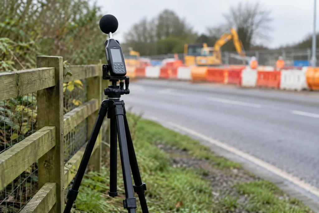 A portable sound monitoring instrument on a tripod beside a roadside fence, with construction barriers softly blurred behind it
