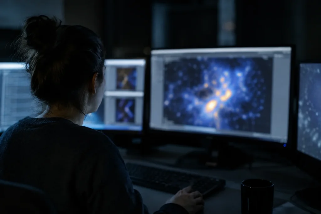 An anonymous person working at computer workstations in a dim room, with screen contents out of focus.