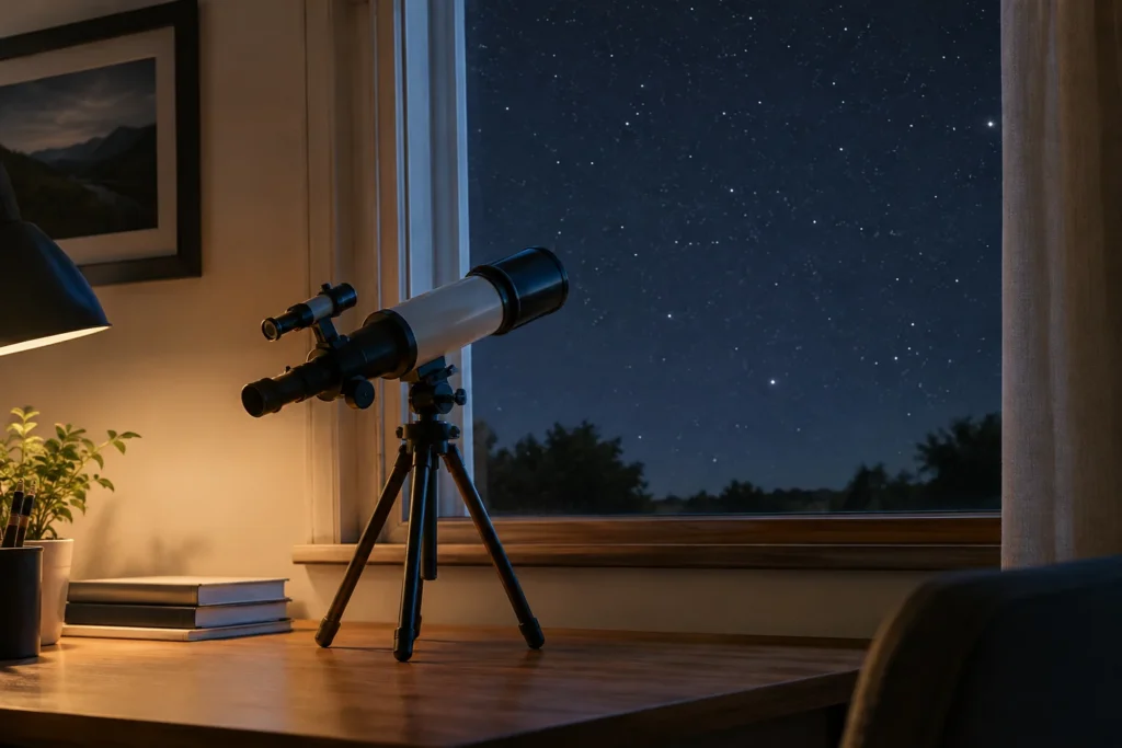 A small telescope beside a window overlooking a clear night sky.