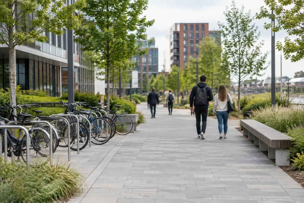 A landscaped pedestrian route beside modern buildings with cycle parking and anonymous people walking