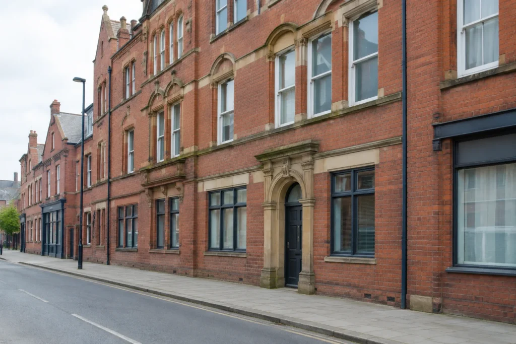 A generic red-brick urban streetscape with older upper-storey windows and an empty pavement in soft daylight, without signs or readable text
