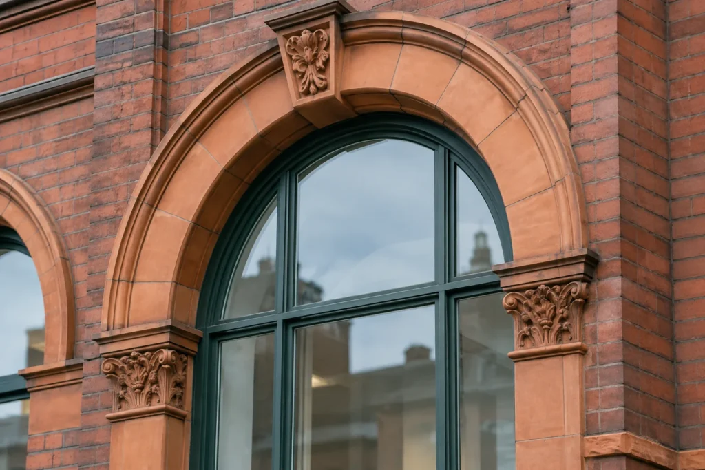 A close view of decorative terracotta around an arched window on an anonymous brick facade, without lettering