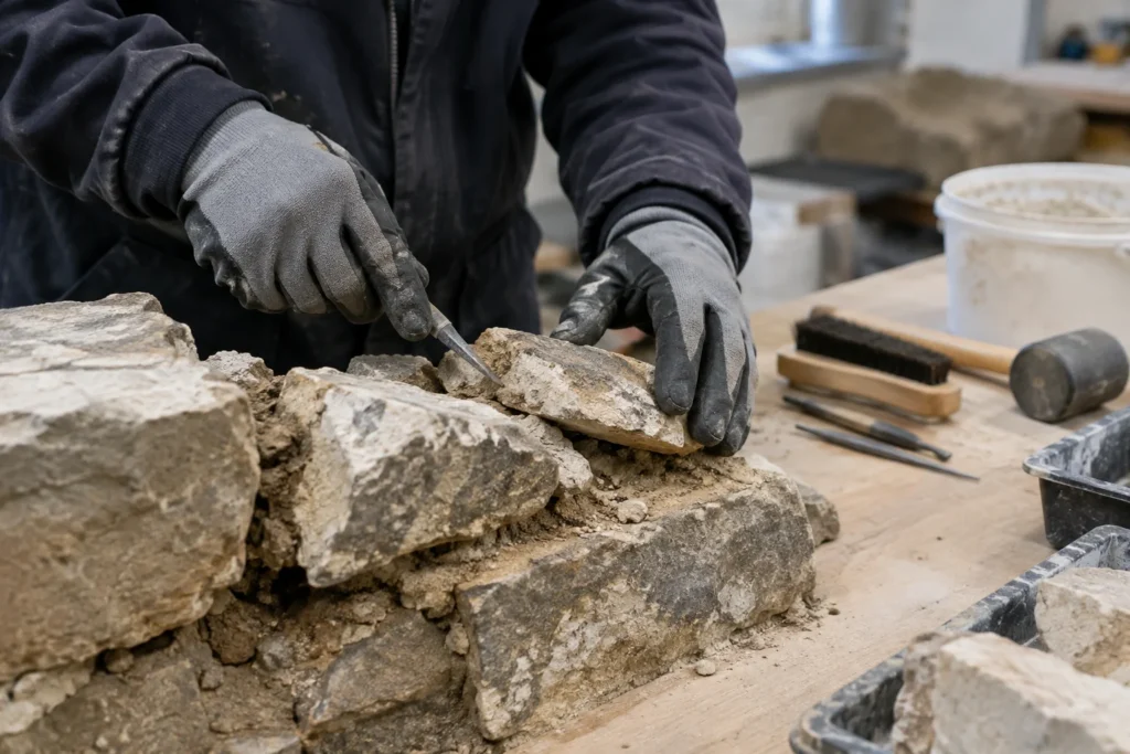 An anonymous craftsperson's gloved hands working on loose masonry at a plain conservation workbench, without labels or readable text