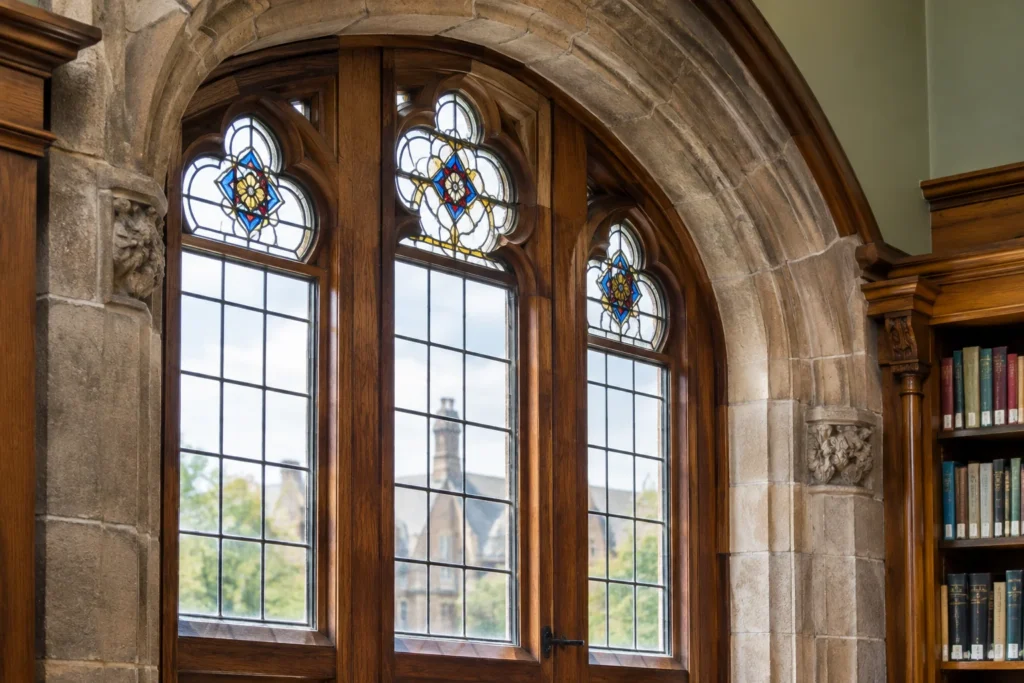 AI-generated illustration of a historic stone window arch with timber framing and stained glass.