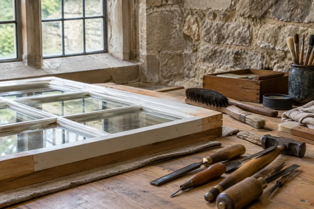 AI-generated illustration of a timber window frame and conservation tools on a workbench.