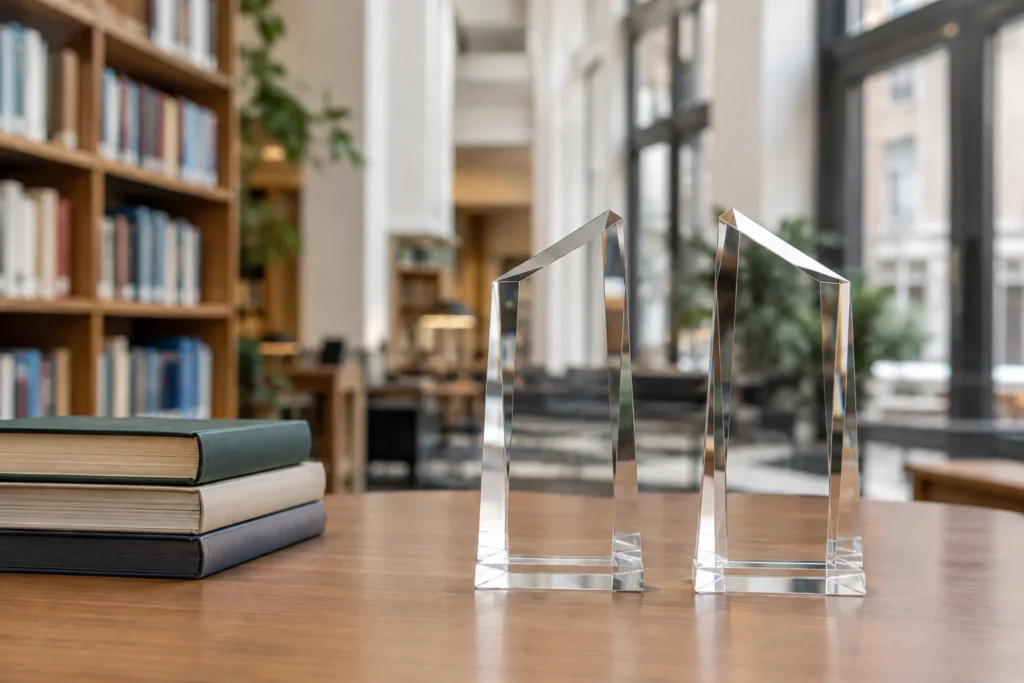 Two unmarked glass trophies on a table beside books in a bright library interior