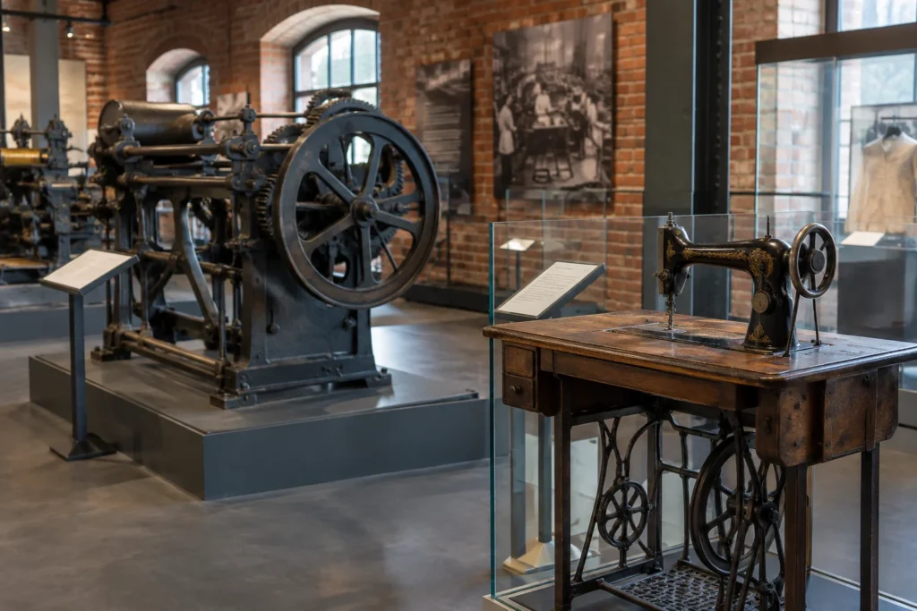 Cast-iron machinery and a vintage sewing machine displayed inside a brick-walled heritage gallery