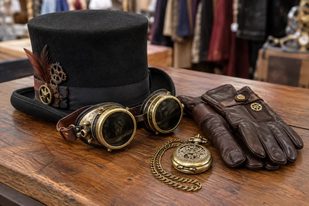 A felt top hat, brass goggles, leather gloves and decorative pocket watch arranged on a wooden table