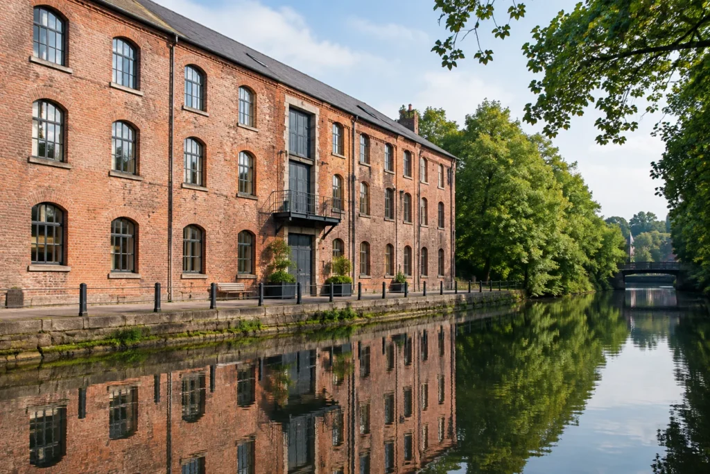 A restored brick warehouse beside a quiet canal, with trees reflected in the water