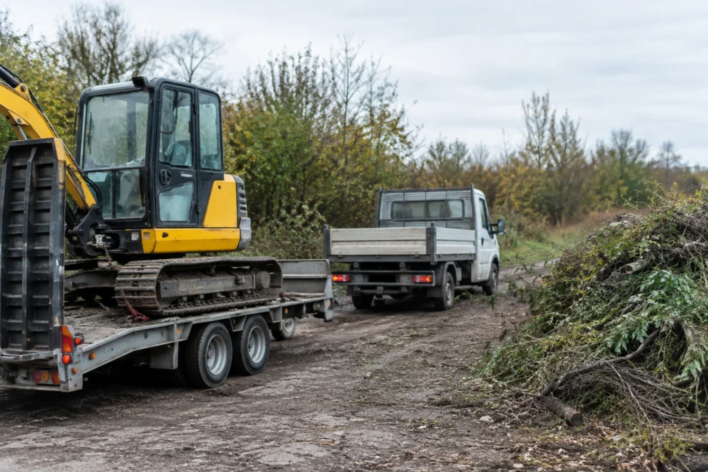 Tracked excavator on a trailer beside a small tipper truck